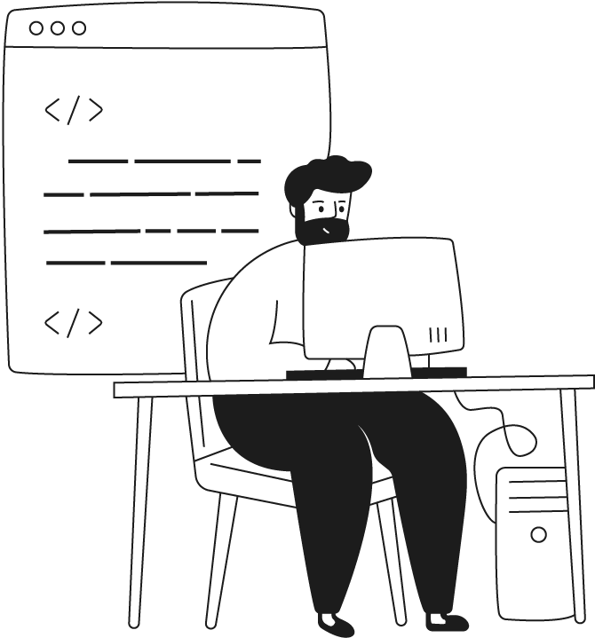 En tecknad man sitter vid en desktop