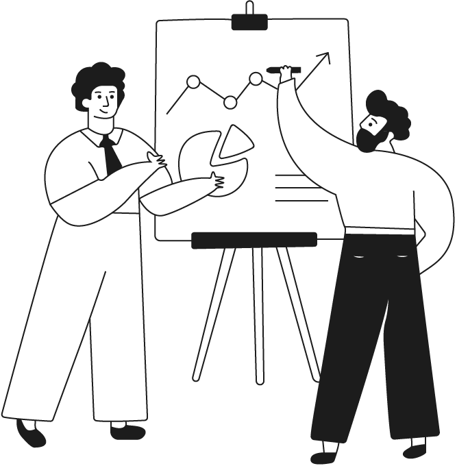 Två män står vid en whiteboard och ritar en graf