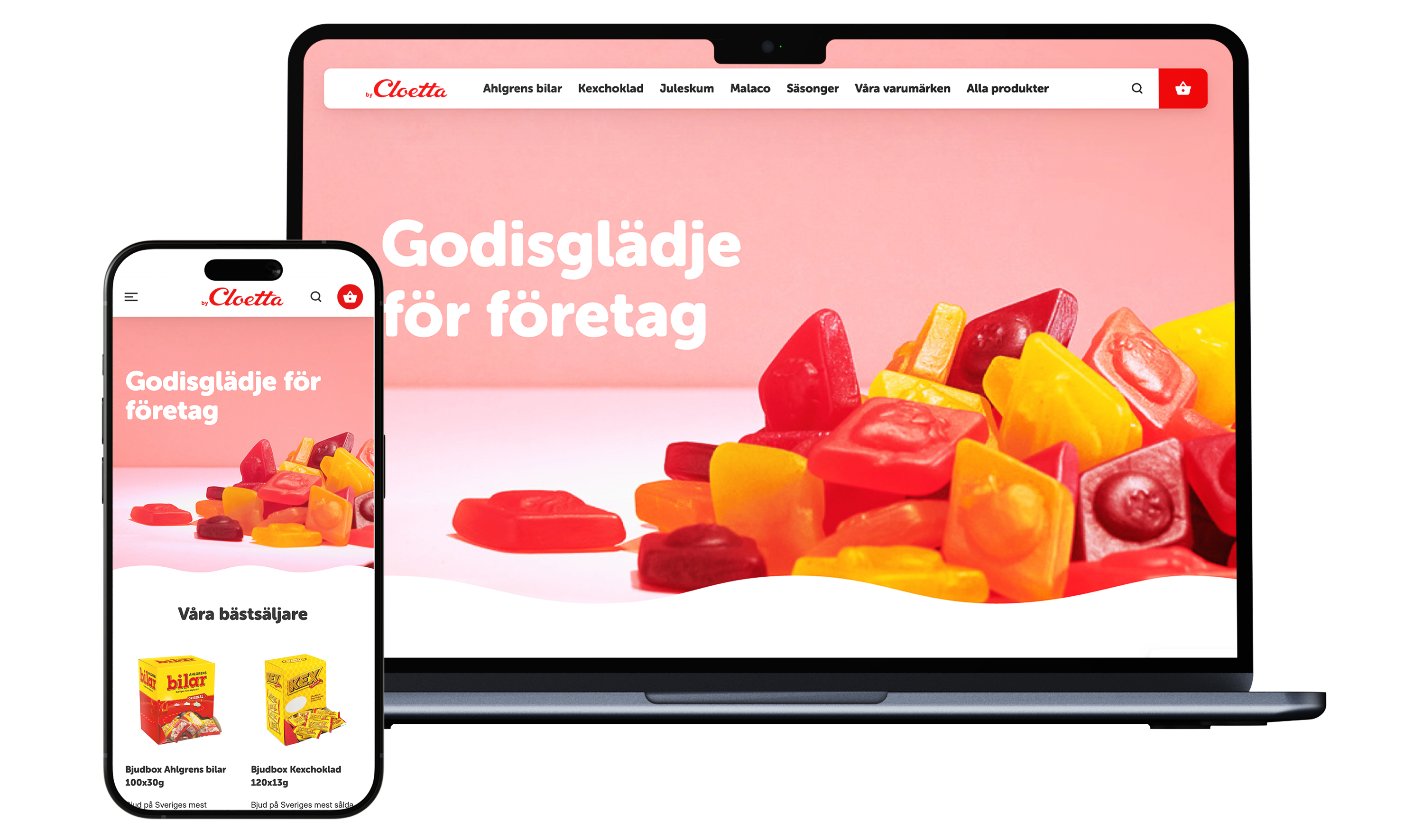 En mobil och en desktop som visar Cloettas hemsida