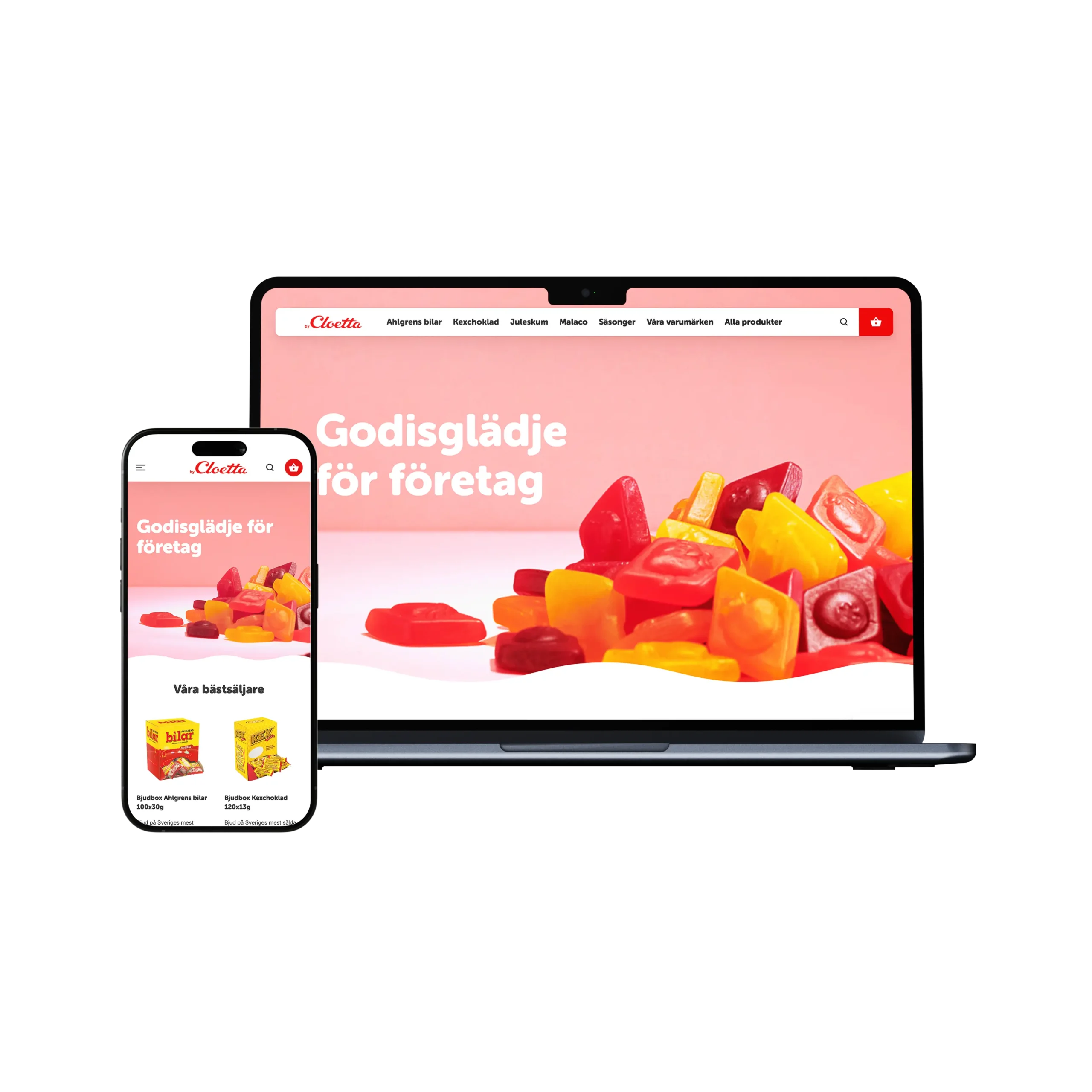 En mobil och en laptop som visar Cloettas hemsida