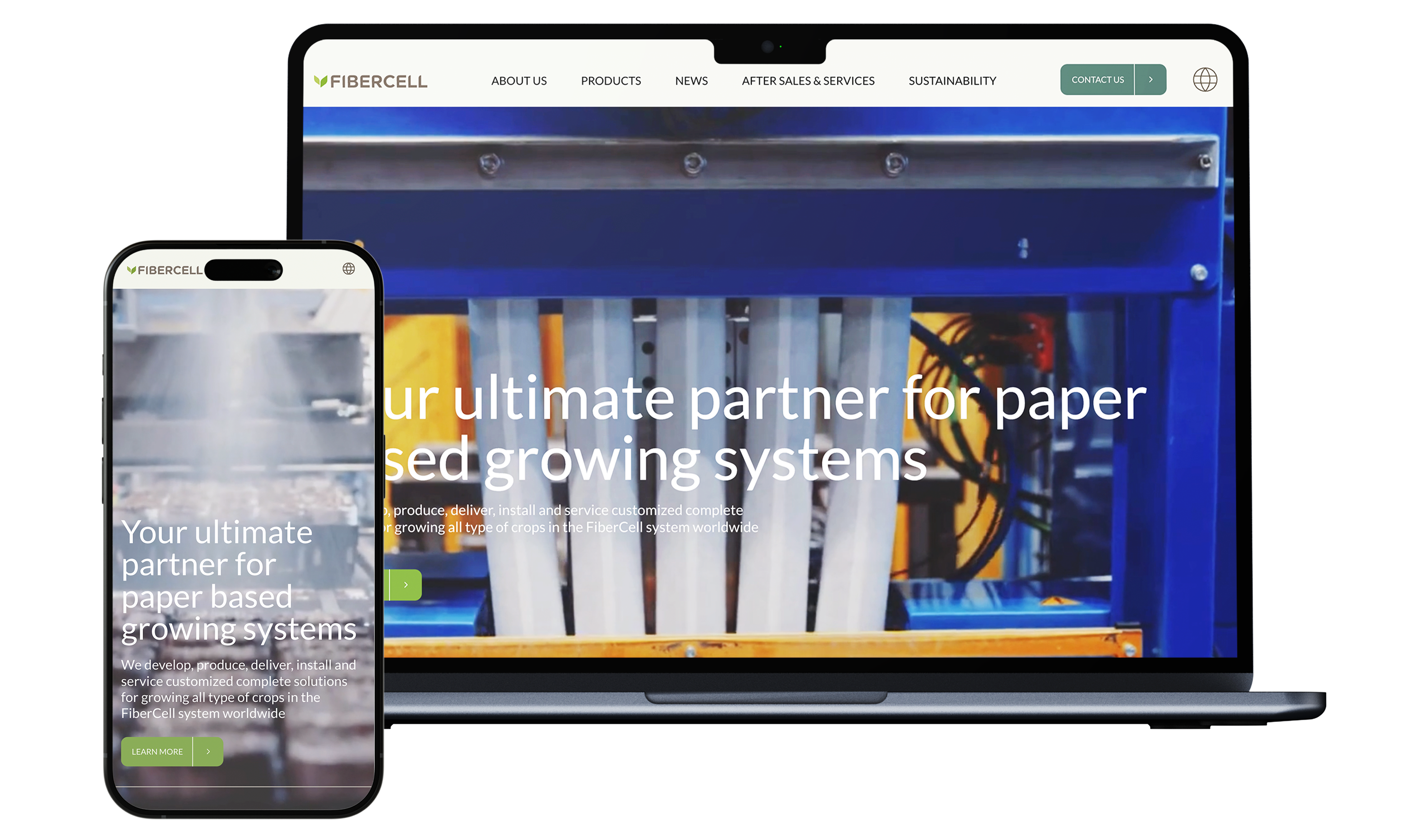 En mobil och en desktop som visar Fibercells hemsida