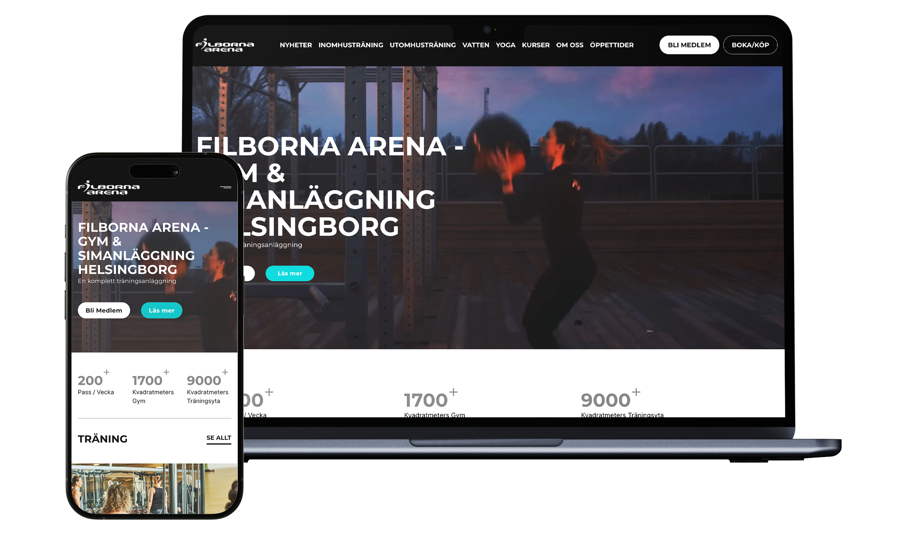 En mobil och en desktop som visar Filborna Arenas hemsida