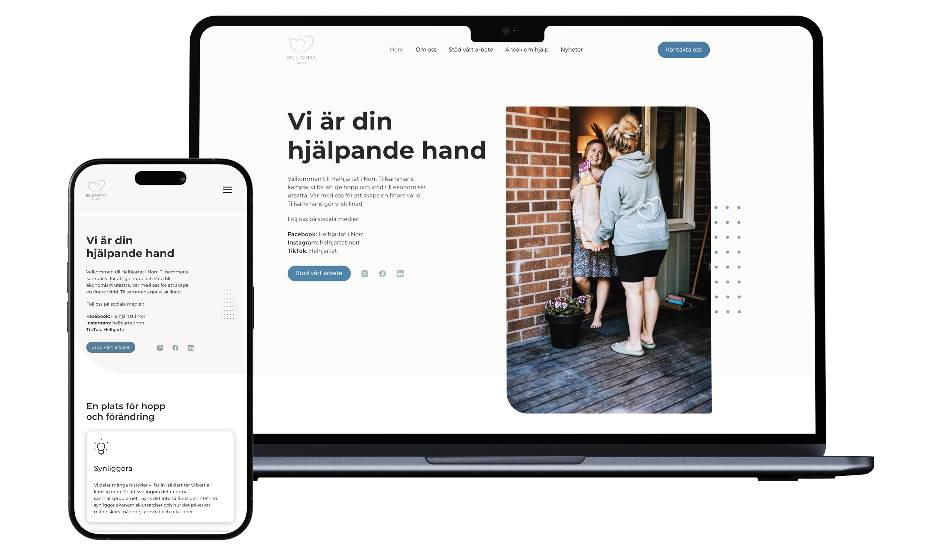 En mobil och en desktop som visar Helhjärtats hemsida