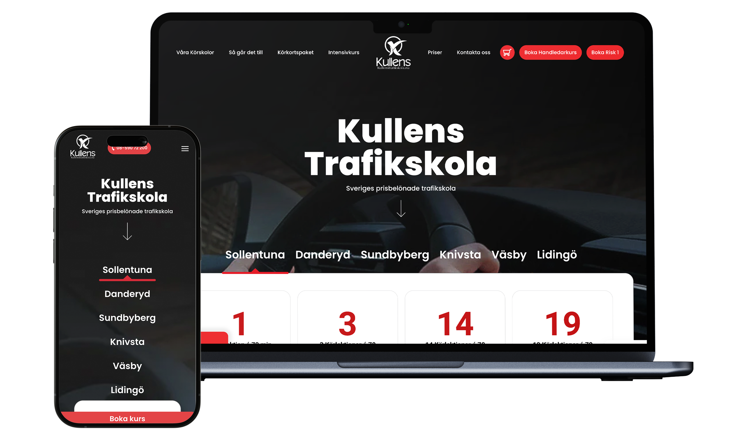 En mobil och en desktop som visar Kullens hemsida