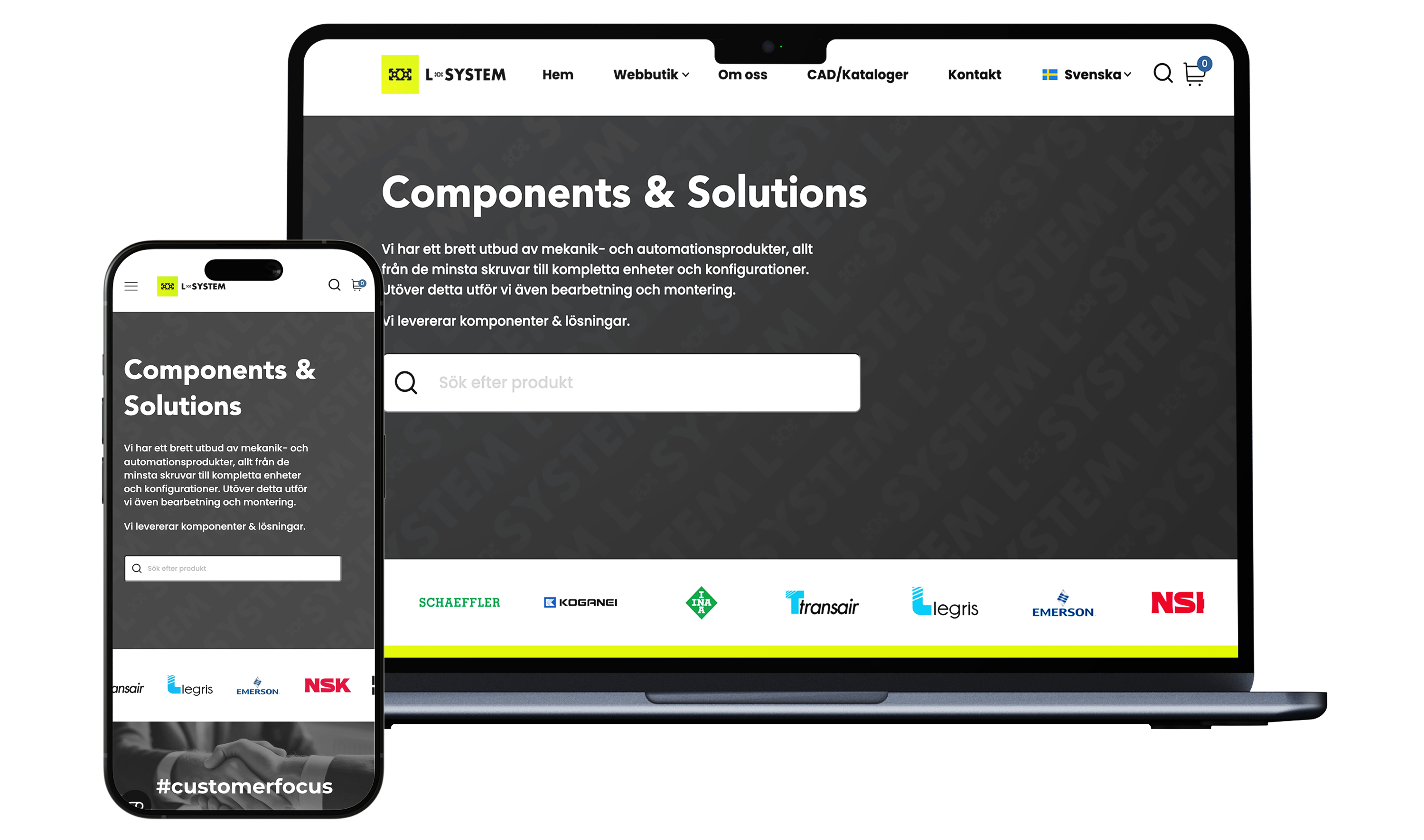 En mobil och en desktop som visar L-systems hemsida